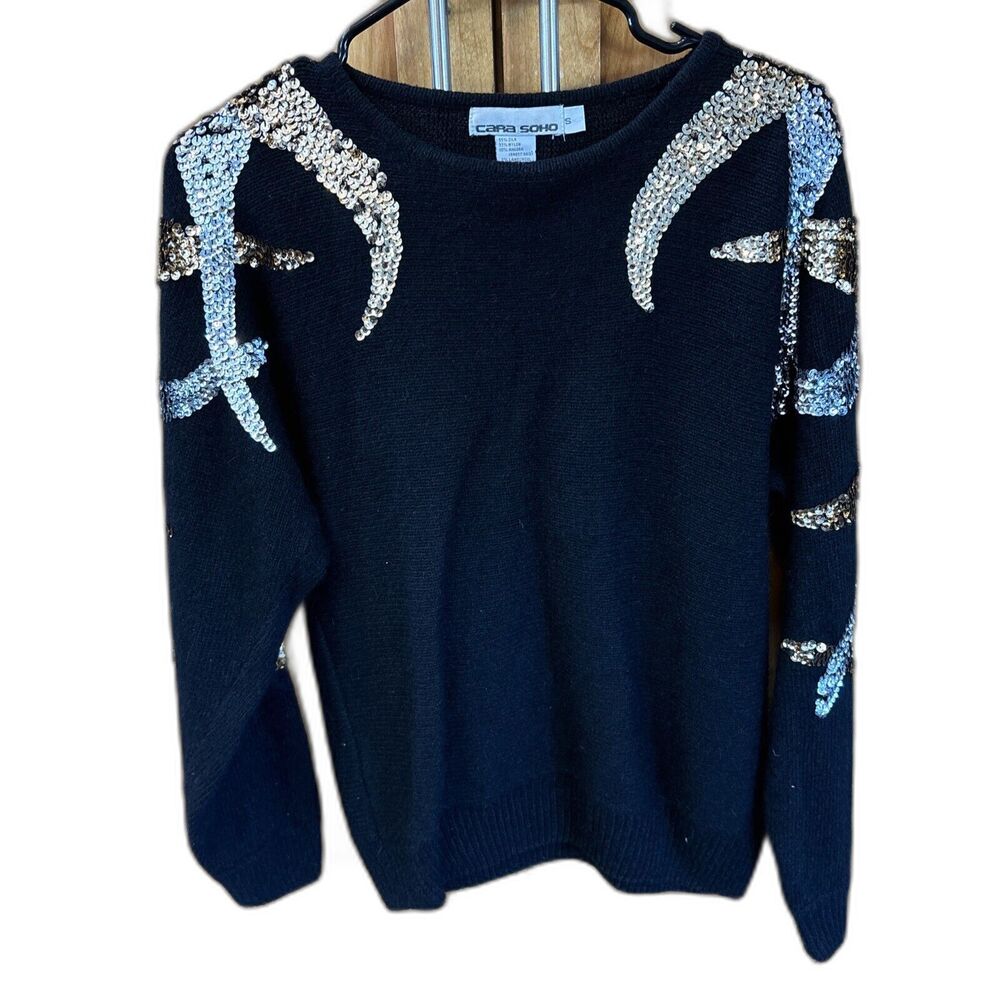 Cara Soho Women Vintage Sequin Silk Angora Lambswool Pullover Sweater S Black